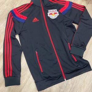 Adidas mens Black Jacket with Red and Blue Accents